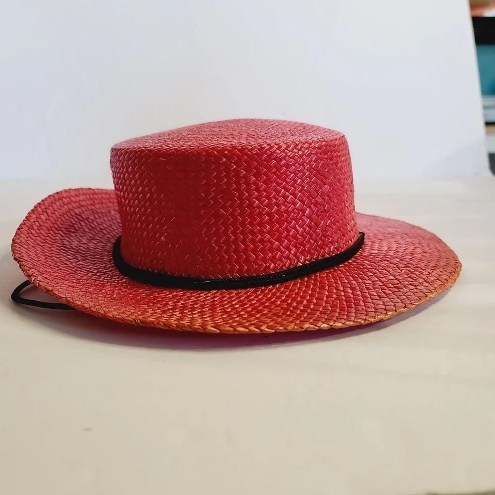 Vintage 90s Red Straw Brim Beach Summer Hat - Picture 3 of 11